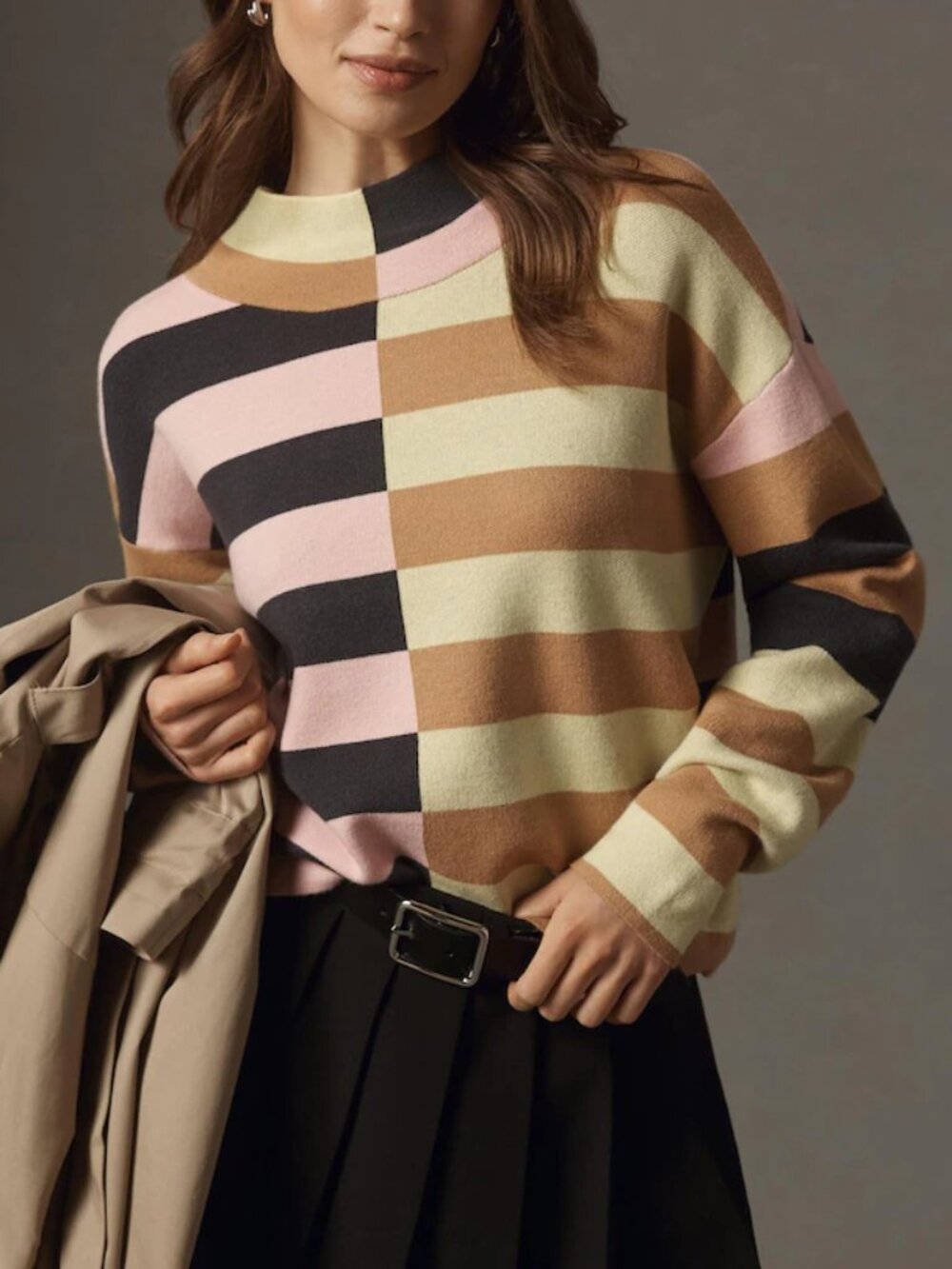 Anthropologie Maeve Carys Mock-Neck Pullover Multi Spliced Stripe XS